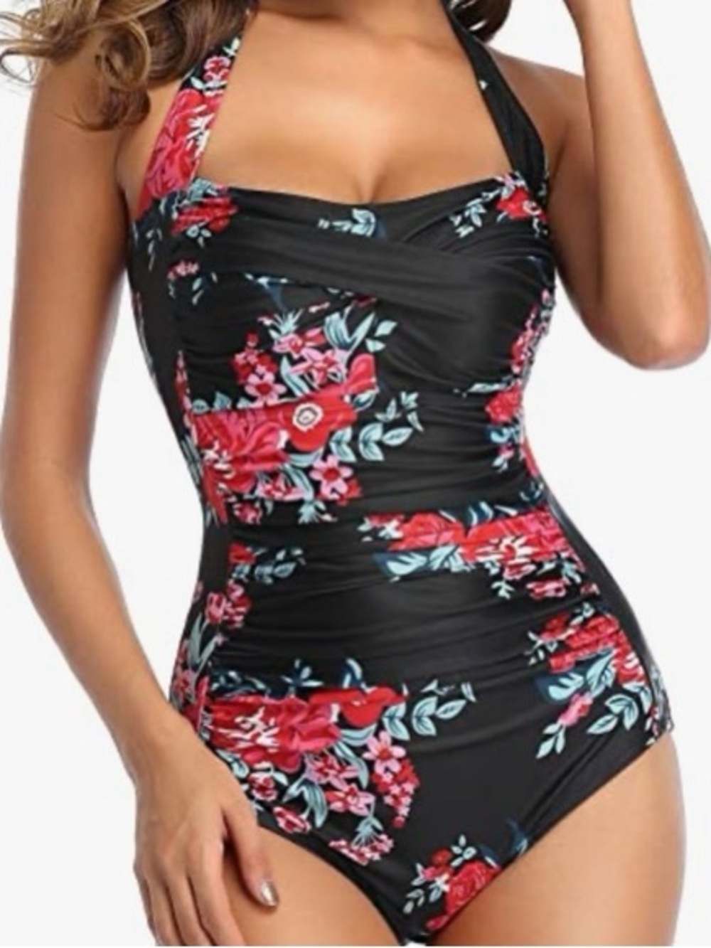 Woman’s Floral One-Piece Swimsuit 
with ruched tummy control